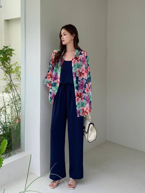 Summer Floral Shirts With Tang Tops and Trousers sets